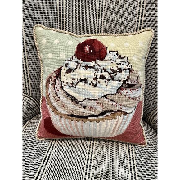 Vtg Wool Needlepoint Cupcake Pillow 15” Square Velvet Back - Picture 1 of 5